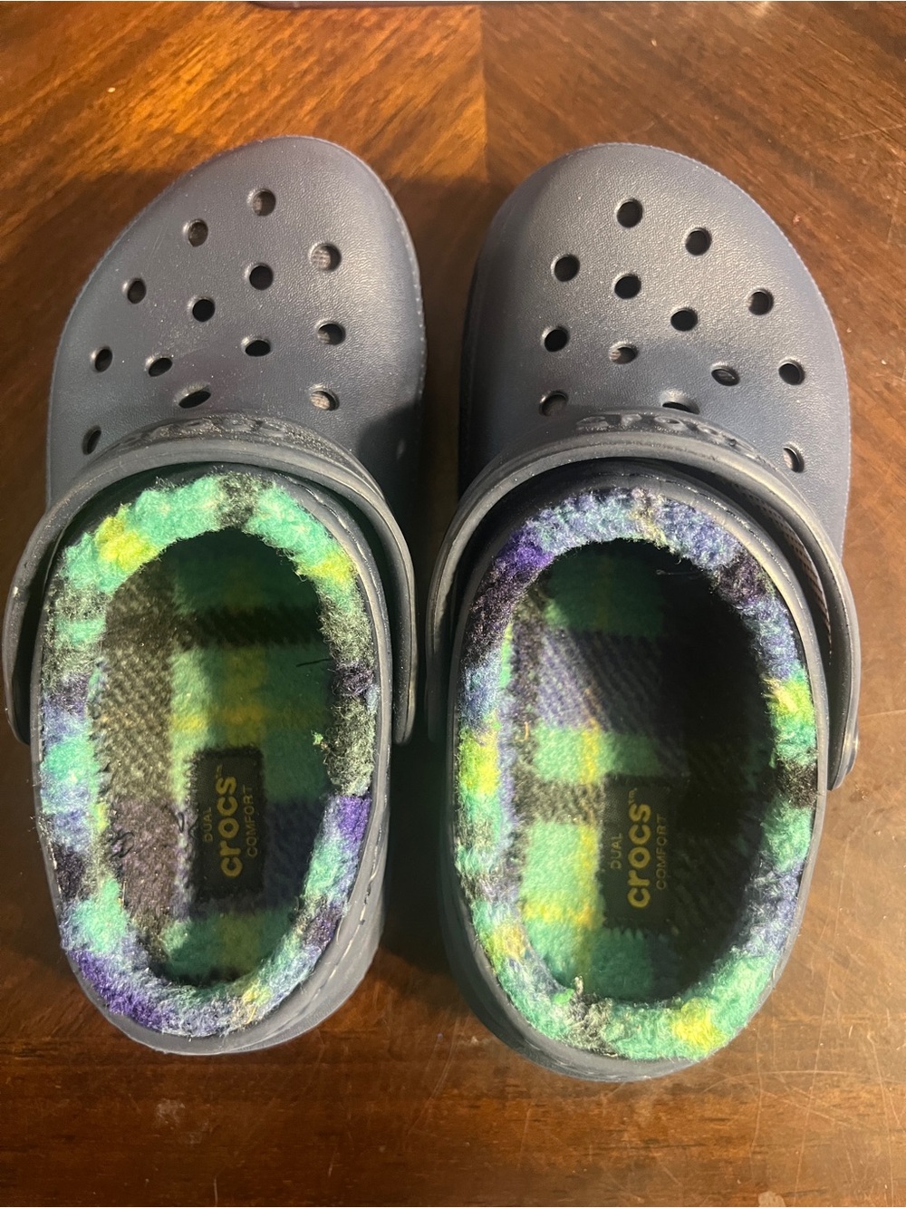 CROCS Kids Navy Clogs with Green & Purple Plaid Lining